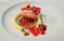 Milk panna cotta; Rhubarb Terrine; consommé & ice cream on rhubarb & strawberries